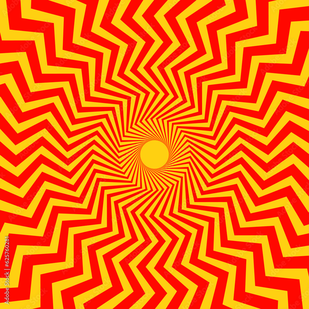 Poster optical illusion background. red and orange abstract distorted zigzag lines surface. radial wave pos