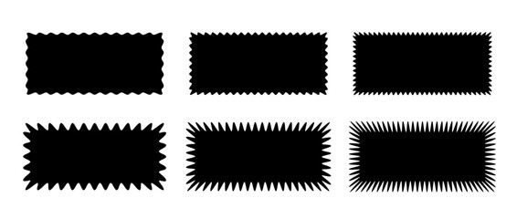Zig zag edge rectangle shape collection. Jagged rectangular elements set. Black graphic design elements for decoration, banner, poster, template, sticker, badge. Vector