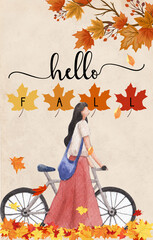 Hello Fall Girl and Bike in Autumn Season