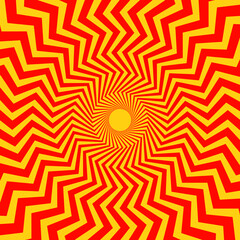 Optical illusion background. Red and orange abstract distorted zigzag lines surface. Radial wave poster design. Hypnotic illusion wallpaper. Vector illustration