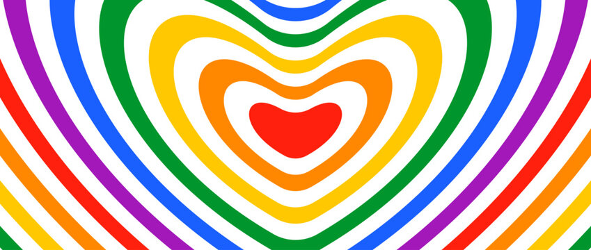 Groovy hypnotic hearts background. Rainbow colors repeating heart design in retro style. Abstract horizontal lgbt pride wallpaper. Vector illustration concept