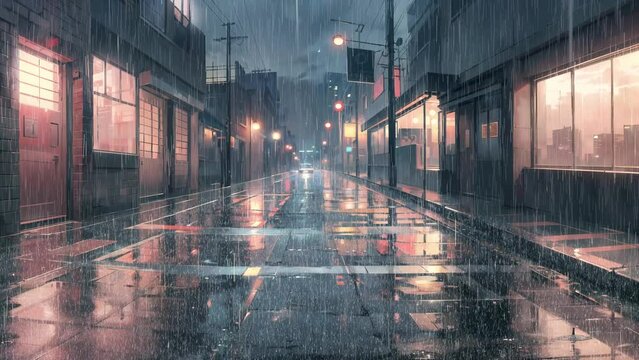 A wet street in the rain with lights. Anime art style. Loop animation