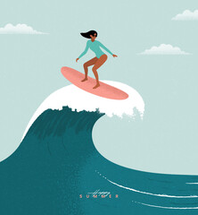 Summer activity, Surfing on ocean big wave. Water surfing, Happy surfer on surfboard, Active vacation on beach. Sea, Sky, Cloud. Grunge effect drawing. Trendy flat design. Simple vector illustration. - obrazy, fototapety, plakaty