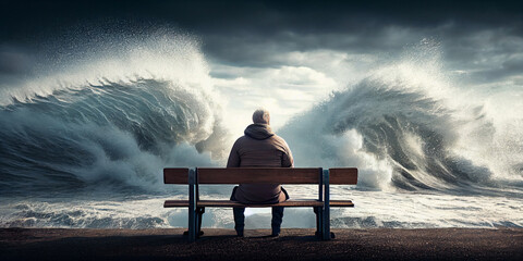 An elderly man in a warm jacket sits on a wooden bench and looks at the huge waves of the raging sea directly in front of him. Generative AI