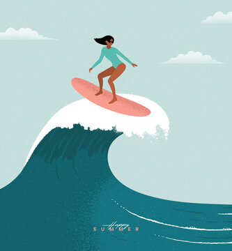 Summer activity, Surfing on ocean big wave. Water surfing, Happy surfer on surfboard, Active vacation on beach. Sea, Sky, Cloud. Grunge effect drawing. Trendy flat design. Simple vector illustration.