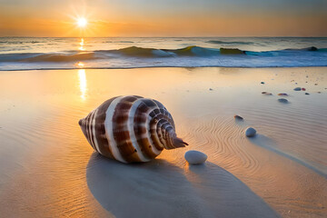 Warm summer beach vacation holiday. Stunning sea shell on the beach with sand and waves texture