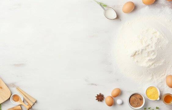 Baking background. Cooking ingredients for dough, eggs, flour, sugar, butter, rolling pin on white style kitchen Generative AI