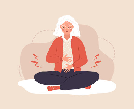 Menopause Concept. Sad Elderly Woman With Female Problems. Abdominal Pain. Vector Illustration In Flat Cartoon Style.