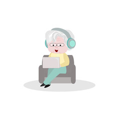 Smiling senior woman wearing headphones  having video call on laptop.Elderly people sitting on sofa at home talking using modern technology and wireless connection.Vector Illustration on isolate.