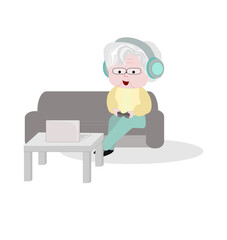 Grandma wearing headphones and playing computer games.Elderly people sitting on sofa at home talking using modern technology and wireless connection.Illustration on isolate.Aging society.Elderly day.