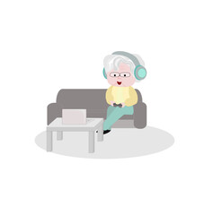Grandma wearing headphones and playing computer games.Elderly people sitting on sofa at home talking using modern technology and wireless connection.Illustration on isolate.Aging society.Elderly day.