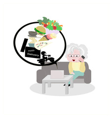 Grandma Use online ordering and food delivery services.older people sitting on sofa at home talking using modern technology. Aging society.Elderly day.