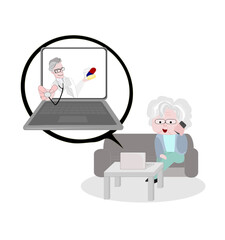 Vector Grandma used online medical services.Older people sitting on sofa at home talking using modern technology. Aging society.Elderly day.