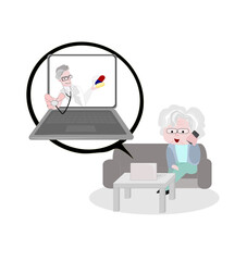 Grandma used online medical services.Older people sitting on sofa at home talking using modern technology. Aging society.Elderly day.