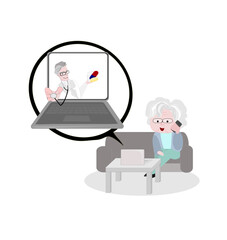 Vector Grandma used online medical services.Older people sitting on sofa at home talking using modern technology. Aging society.Elderly day.