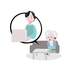 Grandma is calling the call center.
Older people sitting on sofa at home talking using modern technology. Aging society.Elderly day.