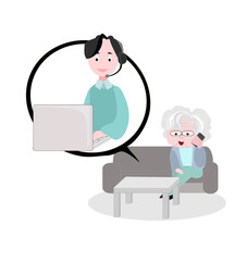 Grandma is calling the call center.
Older people sitting on sofa at home talking using modern technology. Aging society.Elderly day.
