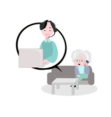 Grandma is calling the call center.
Older people sitting on sofa at home talking using modern technology. Aging society.Elderly day.