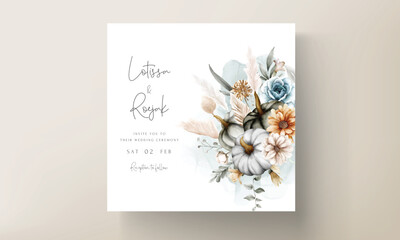 Set of elegant wedding invitation card hand drawn watercolor flowers and pumpkin