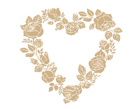 Floral heart shape frame. Decorative frame design with flowers and leaves. Hand drawn vector illustration.