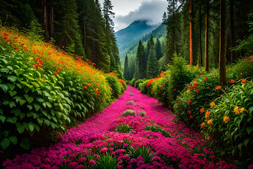 Tropical vintage botanical landscape footpath in the jungle with colorful flowers background. Exotic green jungle background and wallpaper, forest, rainforest, plants and nature