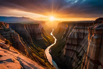 Photo sur Plexiglas Arizona Long river between huge cliff with ground texture and background. Wide view with the sun at the edge of view