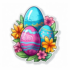 easter sticker with ester eggs on white isolated background - obrazy, fototapety, plakaty