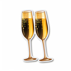 new year sticker with champagne galasses on white isolated background