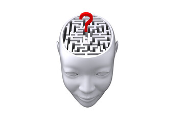 Digital png illustration of open head with maze mind and red question mark on transparent background