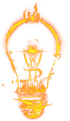 Digital png illustration of electric light bulb shape in flames on transparent background