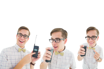 Digital png photo of caucasian man using short wave radio on transparent background