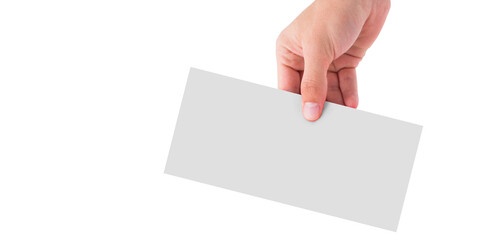 Fototapeta premium Digital png photo of hand of caucasian man holding whithe card on transparent background