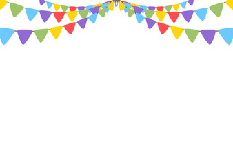 Celebrate hanging triangular garlands. Colorful perspective cute flags party isolated on white background. Birthday, Christmas, anniversary, and festival fair concept. Vector illustration.