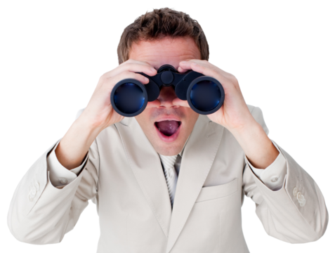 Digital png photo of caucasian man using binoculars on transparent background - Powered by Adobe