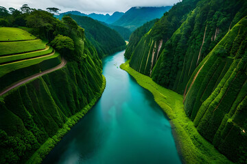 Fototapeta Long river of the waterfall between green mountains. Dense rainforest with lush green foliage still life obraz