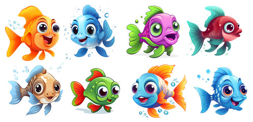 set of cute fishes Sticker, fish Clipart on isolated background, png, generated ai