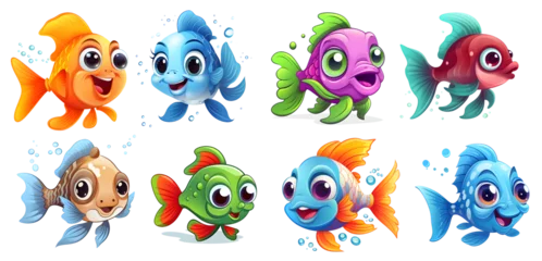 Fotobehang set of cute fishes Sticker, fish Clipart on isolated background, png, generated ai © weissdesign