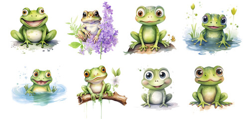 set of watercolor cute frogs isolated on background, png Sticker shirt design, generated ai - obrazy, fototapety, plakaty