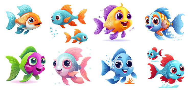 set of cute fishes Sticker, fish Clipart on isolated background, png, generated ai
