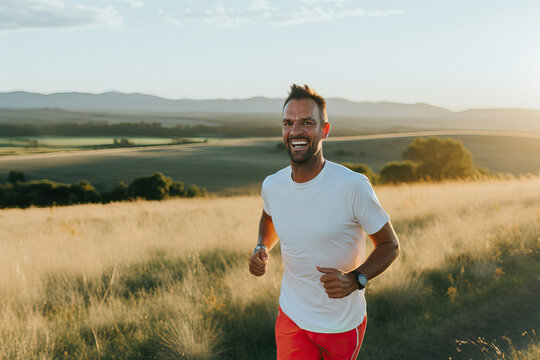 athletic man jogging on the countryside , generative ai