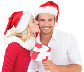 Digital png photo of caucasian couple wearing santa hats on transparent background