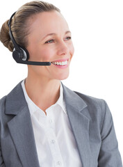 Digital png photo of caucasian businesswoman using phone headset on transparent background
