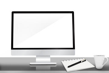 Digital png illustration of desk with computer with copy space on transparent background