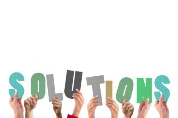 Digital png illustration of hands with solutions text on transparent background