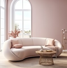 Light Pastel Vintage Room with Modern Sofa and Rattan Table, 3D Render. Made with Generative AI technology