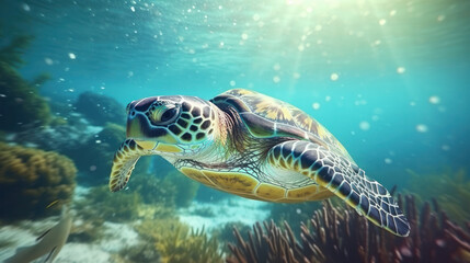 Naklejka na ściany i meble underwater scene captures a water turtle gracefully swimming in its natural habitat,Generative AI.