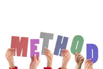 Digital png illustration of hands with method text on transparent background