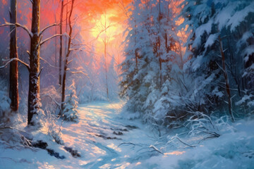 winter solstice in isolated snowy forest after snow fall. Beautifully natural winter scene, blizzard trees, snow,Generative AI.