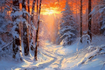 winter solstice in isolated snowy forest after snow fall. Beautifully natural winter scene, blizzard trees, snow,Generative AI.
