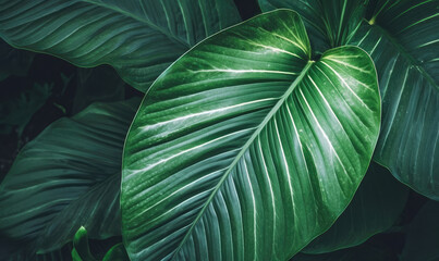 Green leaves textured wallpaper. Creative tropical leaf banner. Created with generative AI tools